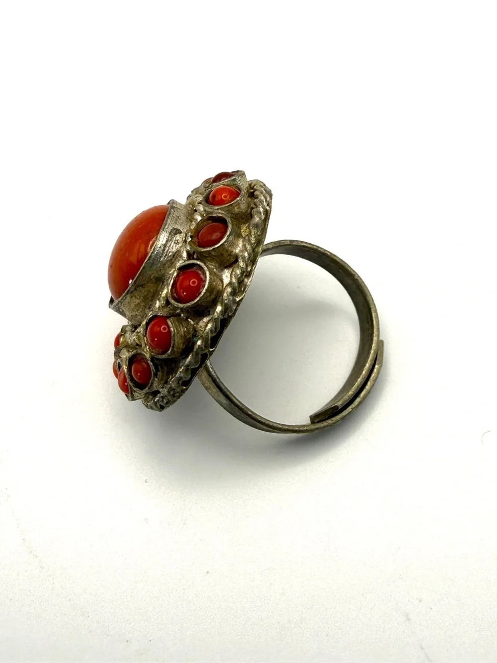 Antique Adjustable Silver Coral Cluster Statement Ring